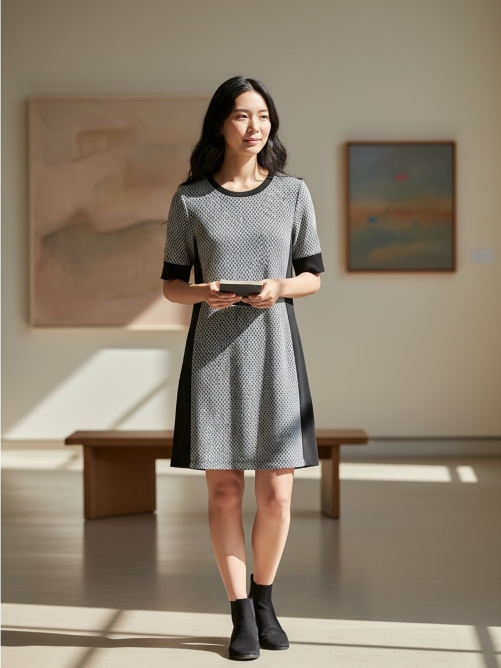 Suzy Shier Black & White Patterned Shift Dress size medium